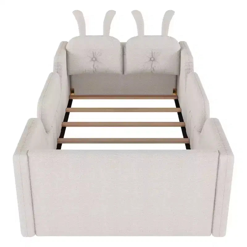 Letto a piattaforma singolo Whisen, struttura imbottita per letto a terra per bambini con cuscino a forma di coniglio e sponde laterali rimovibili