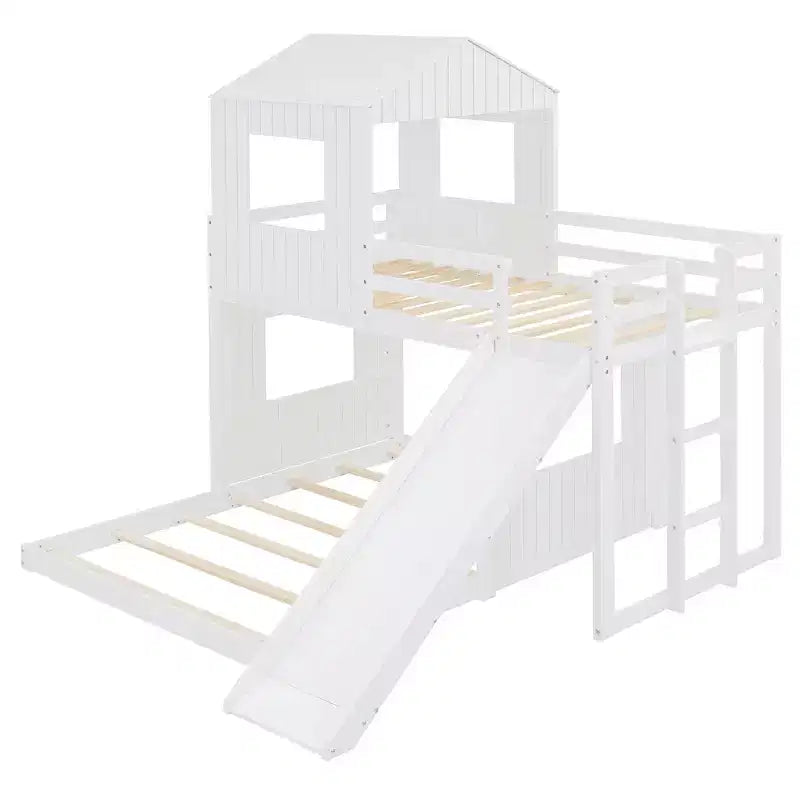 Lit superposé en bois Luxystar avec couchage supérieur une place et inférieur deux places, maisonnette, toboggan et barrières de sécurité