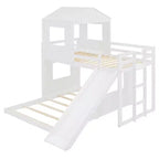 Lit superposé en bois Luxystar avec couchage supérieur une place et inférieur deux places, maisonnette, toboggan et barrières de sécurité
