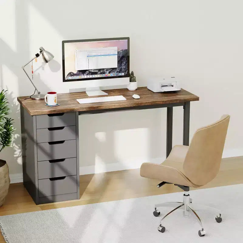 Scrivania per computer da 47 pollici con 5 cassetti portaoggetti, tavolo moderno rustico reversibile da studio e scrittura, postazione per ufficio domestico per piccoli spazi