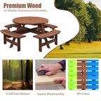 Ensemble de pique-nique et repas rond pour terrasse extérieure en bois de sapin, 8 personnes, avec 4 bancs intégrés et trou pour parasol