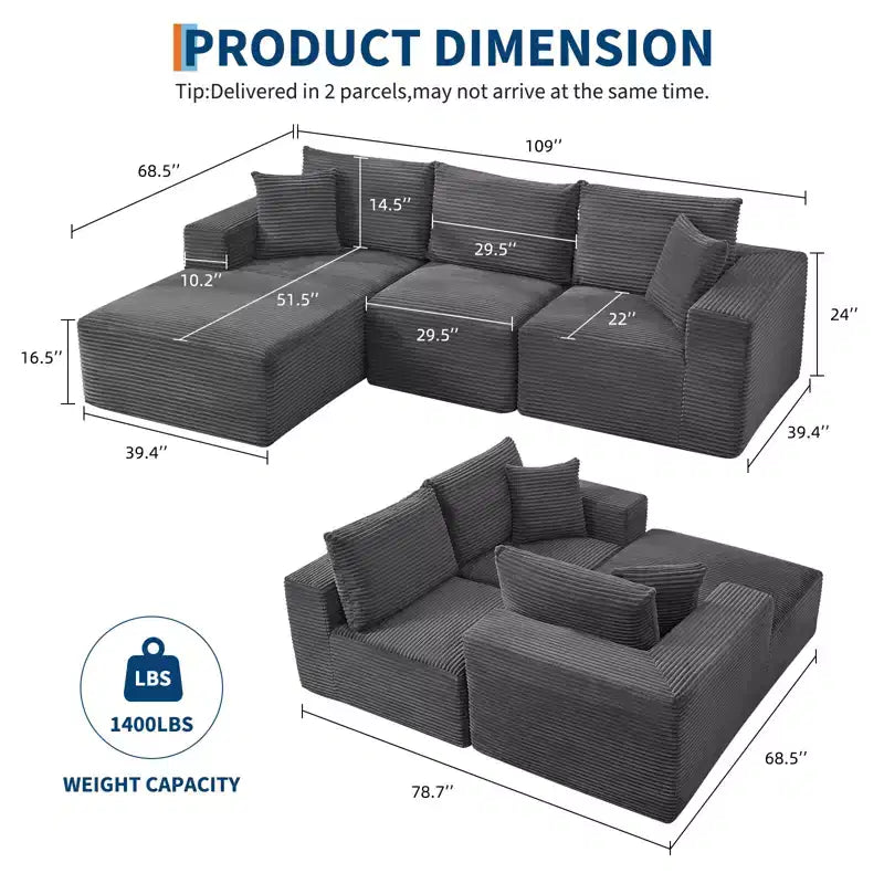 108 modernes Sofa, 3-Sitzer-Sofa in L-Form mit Polsterbezug und Kissen, Sofa mit tiefer Sitzfläche, keine Montage erforderlich