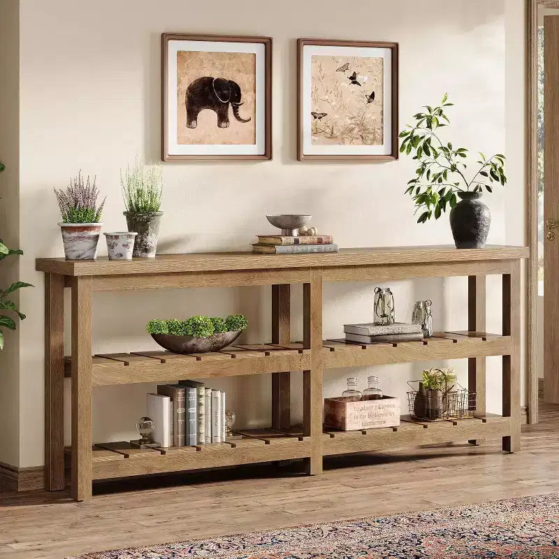 Table console extra longue Tribesigns de 180 cm, table d’entrée de style campagne à 3 niveaux, table en bois derrière le canapé pour salon, couloir et vestibule
