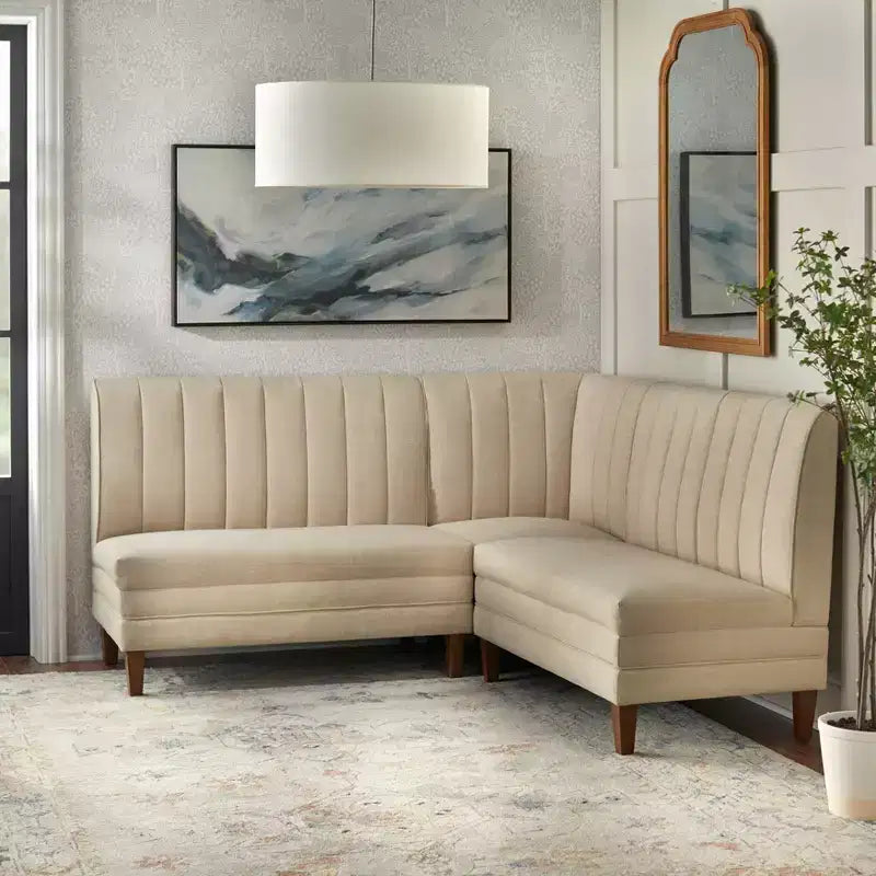 Set da pranzo Lifestorey Kerrington da 4 pezzi con banquette con schienale trapuntato, noce/crema: tessuto effetto lino, tavolo con base a piedistallo