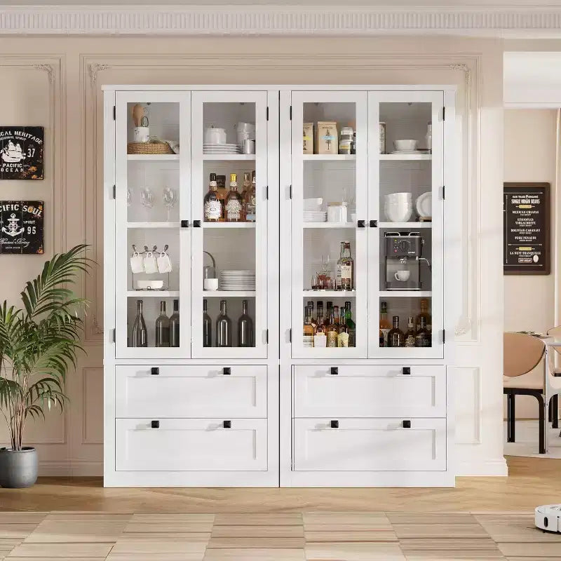 Dispensa da cucina in stile rustico con ante in vetro, mobile contenitore da 72 pollici con cassetti e ripiani regolabili per sala da pranzo, bagno e soggiorno