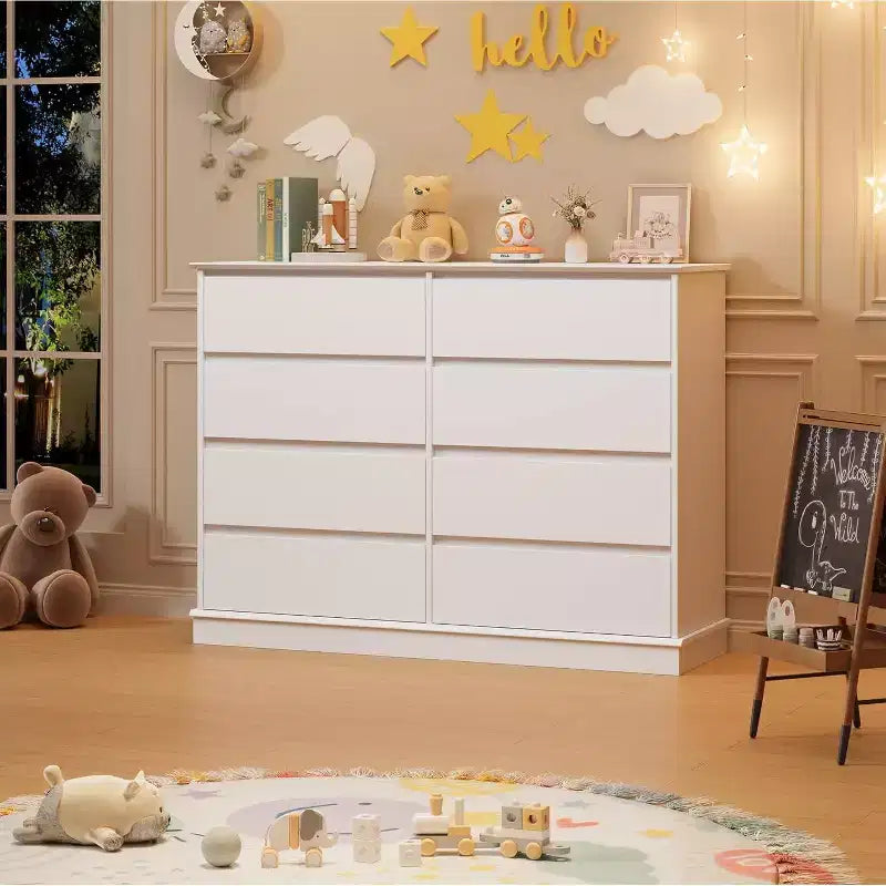 Meuble de rangement à 8 tiroirs, commode à tiroirs profonds, grande armoire à plateau large pour le salon, le couloir ou la chambre d’enfant