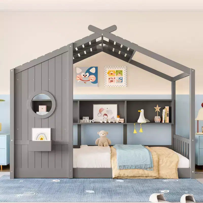 Cadre de lit plateforme en forme de maison, format une place et demie/double, lit cabane au sol pour tout-petit, lit Montessori pour enfant, lit maison de jeu avec étagère de rangement – ModernLuxe