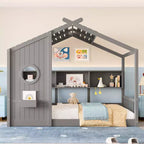 Cadre de lit plateforme en forme de maison, format une place et demie/double, lit cabane au sol pour tout-petit, lit Montessori pour enfant, lit maison de jeu avec étagère de rangement – ModernLuxe