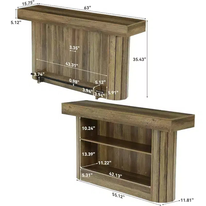 Table de bar Lantine, meuble de bar en bois de 63 po avec repose-pieds en métal, table de pub avec étagères de rangement pour salon, bistrot ou salle à manger (marron)