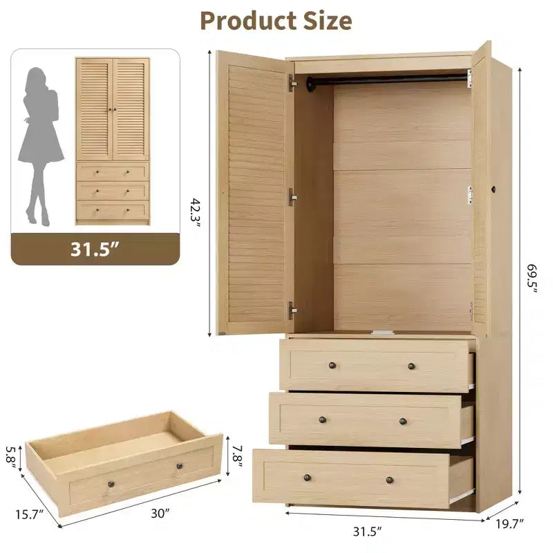 Armadio guardaroba COZONY con 3 cassetti e 2 ante, mobile guardaroba moderno in legno per camera da letto, armadio indipendente bianco resistente