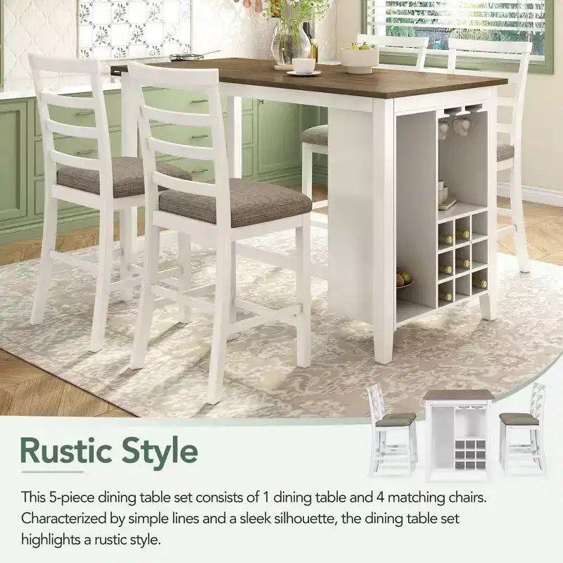 Set da pranzo in stile rustico composto da 5 pezzi, altezza bancone, con sedie per 4 persone, tavolo rettangolare in legno con ripiani contenitori e scomparto portabottiglie