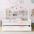 Struttura letto a casetta Acekool matrimoniale con letto estraibile singolo, cassetti contenitore e ripiani, tetto e recinzione, letto a piattaforma per bambini, bianco