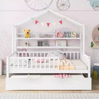 Struttura letto a casetta Acekool matrimoniale con letto estraibile singolo, cassetti contenitore e ripiani, tetto e recinzione, letto a piattaforma per bambini, bianco