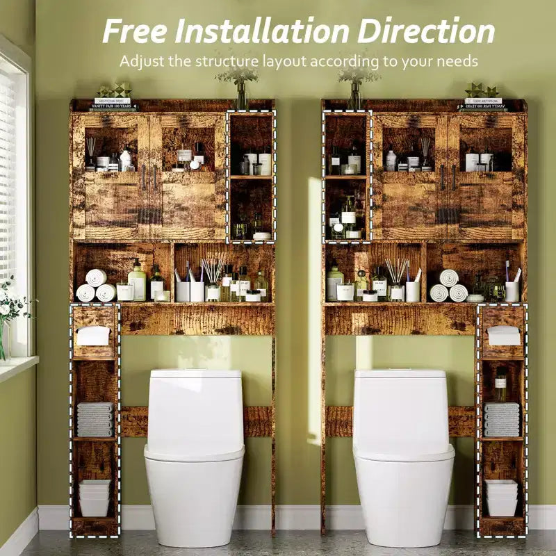 Mobile contenitore sopra il WC - 67,4 pollici di altezza, organizzatore e contenitore da bagno in stile rustico con ripiano regolabile e anta in vetro per bagno e lavanderia