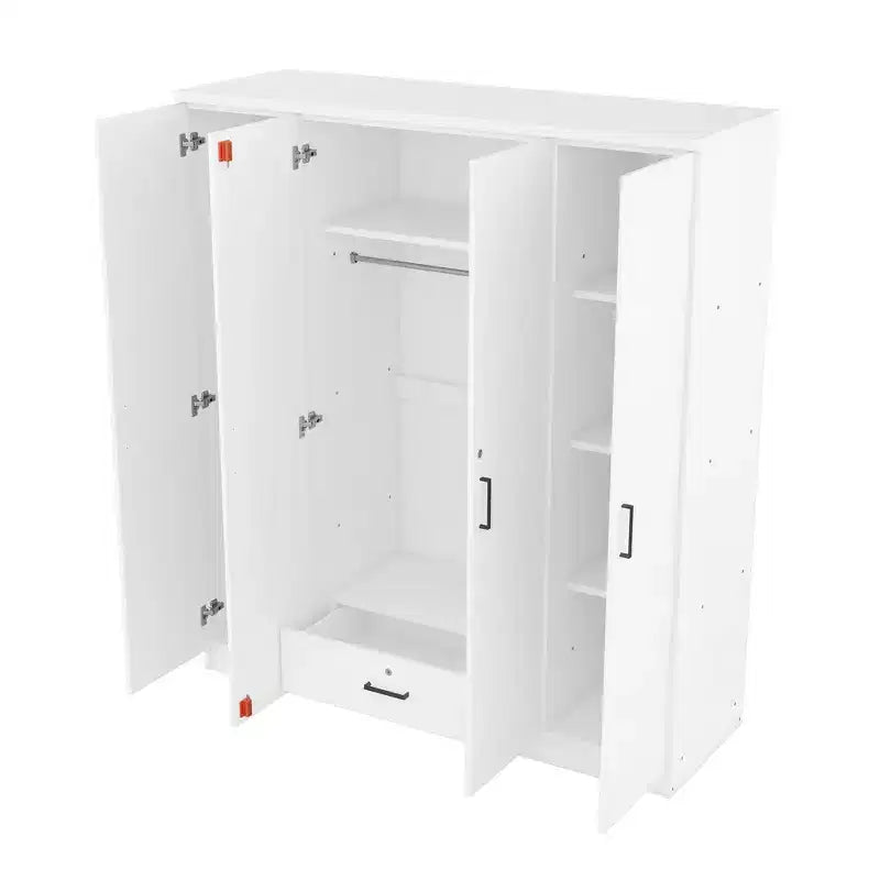 Armadio guardaroba in legno con 4 ante, barra appendiabiti, 1 cassetto e ripiani contenitori