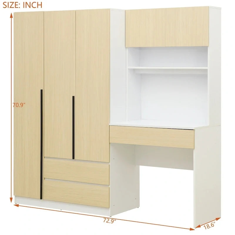Armoire 3-en-1 avec coiffeuse, ensemble bureau, armoire de chambre avec 2 tiroirs, 3 portes et espace de rangement