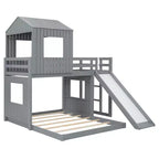Lit superposé en bois Luxystar avec couchage supérieur une place et inférieur deux places, maisonnette, toboggan et barrières de sécurité