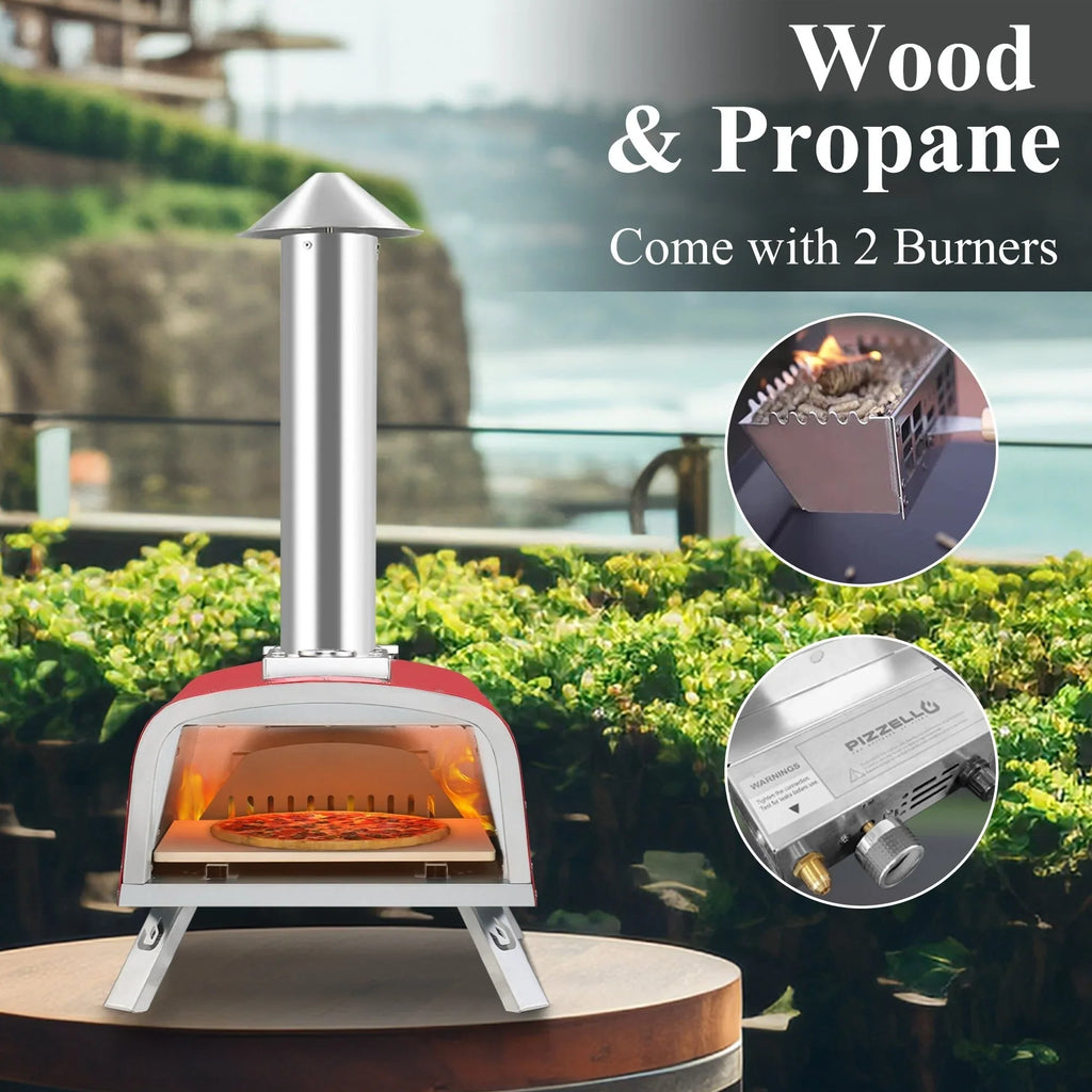 Four à pizza extérieur multicombustible, appareil à pizza cuite sur pierre avec brûleur à gaz et compartiment à bois – 12 pouces