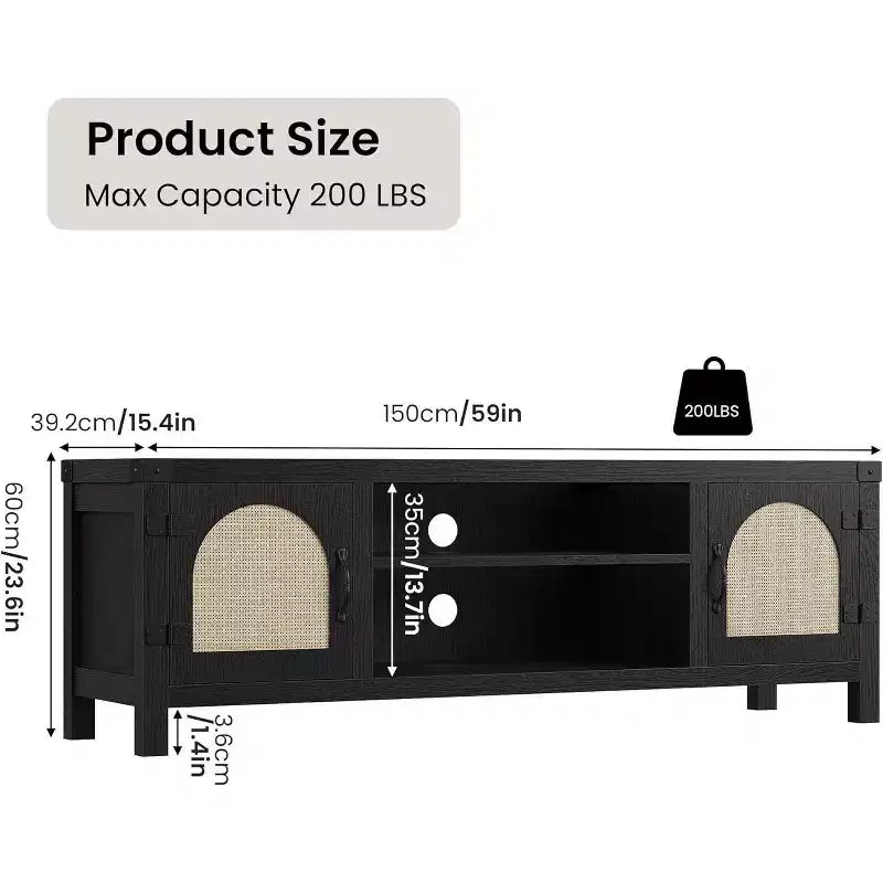 Meuble TV de style bohème de 65 pouces avec porte en rotin – meuble de divertissement en bois avec deux armoires et des étagères réglables, idéal pour les salons