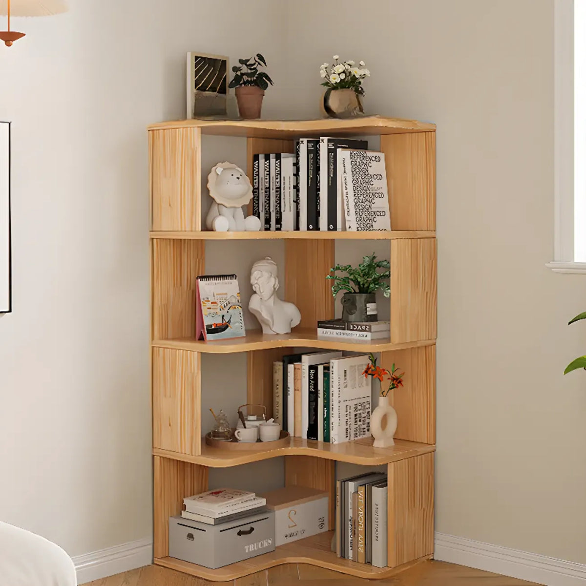 Libreria verticale in legno a forma di L con finitura naturale e schienale aperto