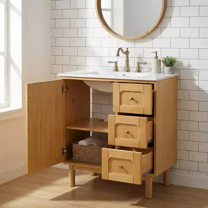Meuble-lavabo en céramique JVNOXK de 30 po, style rustique moderne, avec 3 tiroirs et 1 grande porte à fermeture amortie, meuble de rangement à grain de bois naturel