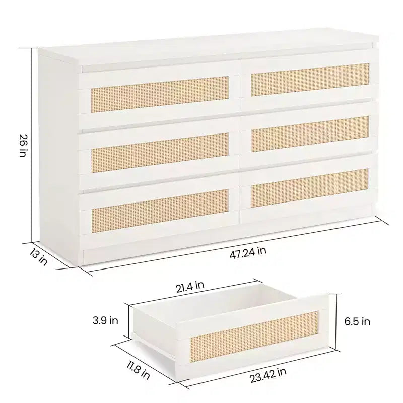 Cassettiera in rattan per camera da letto con 6 cassetti, cassettiera larga moderna in stile rustico da 47 pollici, mobile contenitore in legno per organizzare armadio, soggiorno e corridoio