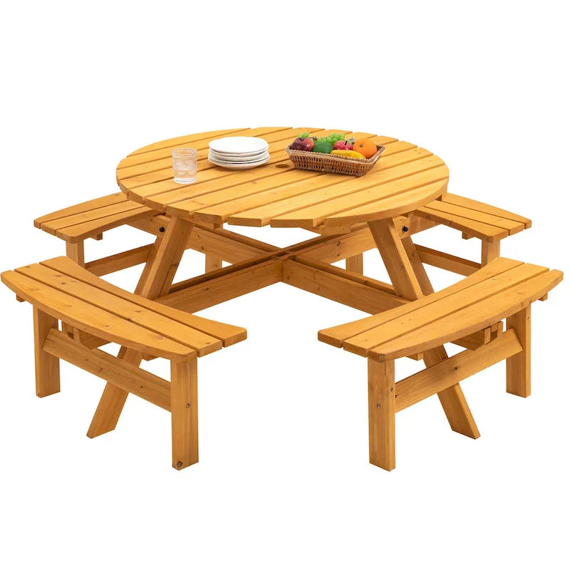Ensemble de pique-nique et repas rond pour terrasse extérieure en bois de sapin, 8 personnes, avec 4 bancs intégrés et trou pour parasol