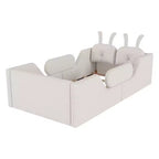 Letto a piattaforma singolo Whisen, struttura imbottita per letto a terra per bambini con cuscino a forma di coniglio e sponde laterali rimovibili