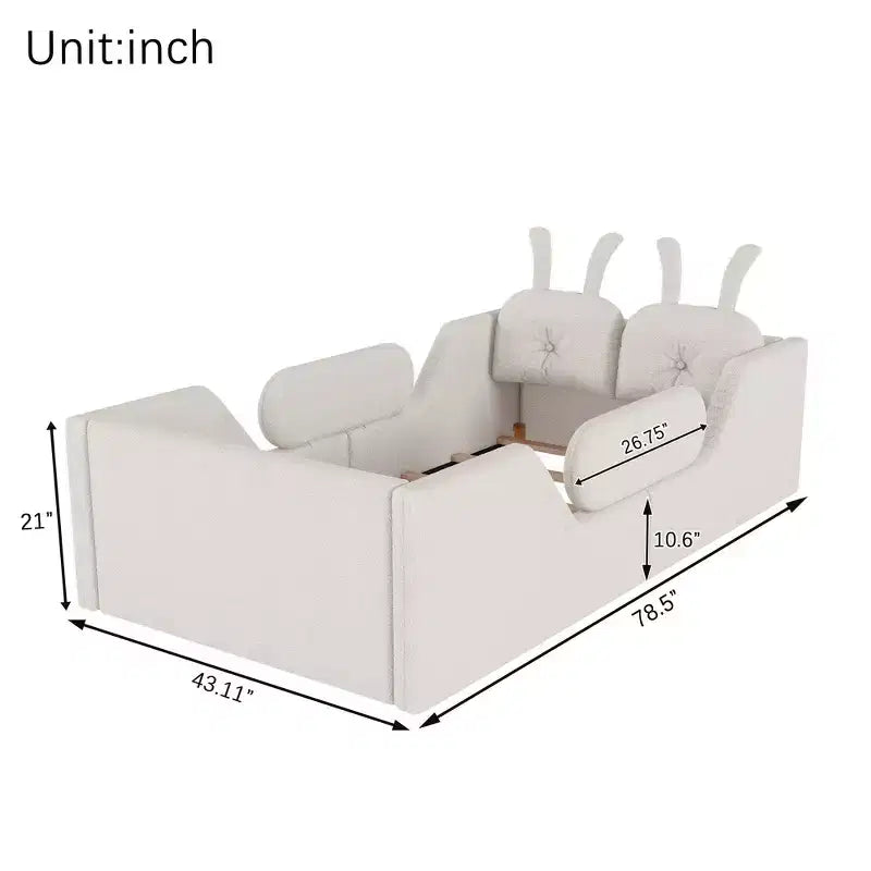 Letto a piattaforma singolo Whisen, struttura imbottita per letto a terra per bambini con cuscino a forma di coniglio e sponde laterali rimovibili