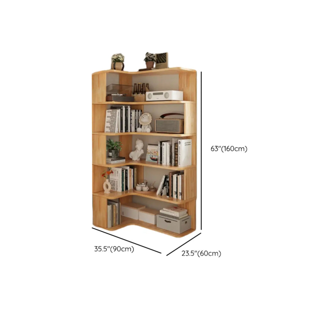 Libreria verticale in legno a forma di L con finitura naturale e schienale aperto