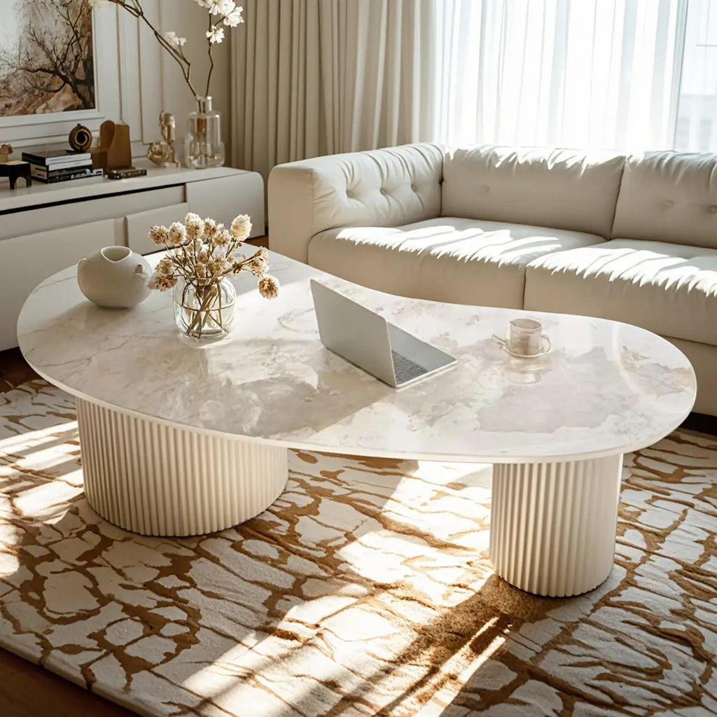 Table basse ovale blanche standard minimaliste avec 2 tiroirs