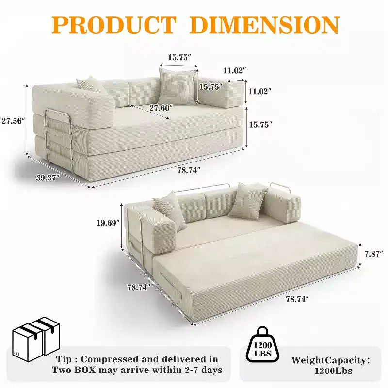 Canapé-lit pliant Dyonery 78 convertible en canapé en velours côtelé, format king, couchage au sol, 4-en-1, canapé modulaire à combiner soi-même, confortable et dépliant