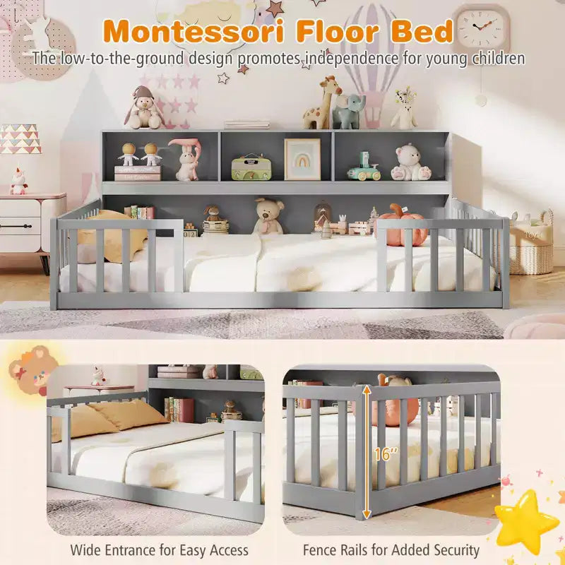 Letto a pavimento Montessori Twin/Full con libreria, ripiani contenitore e sponde di sicurezza, bianco/grigio