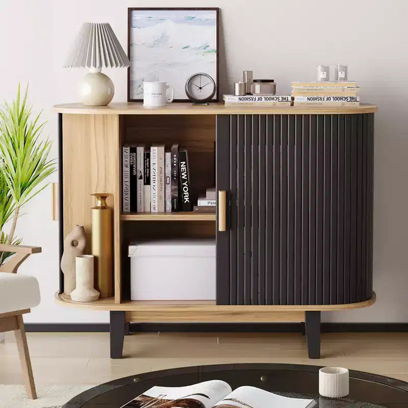 Credenza a doghe da 40", mobile contenitore con anta scorrevole e ripiano regolabile, credenza moderna, tavolo consolle da bar a tamburo