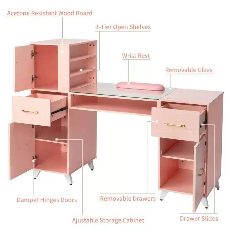 Table de manucure moderne noire et rose avec plateau en verre et repose-poignets, poste individuel