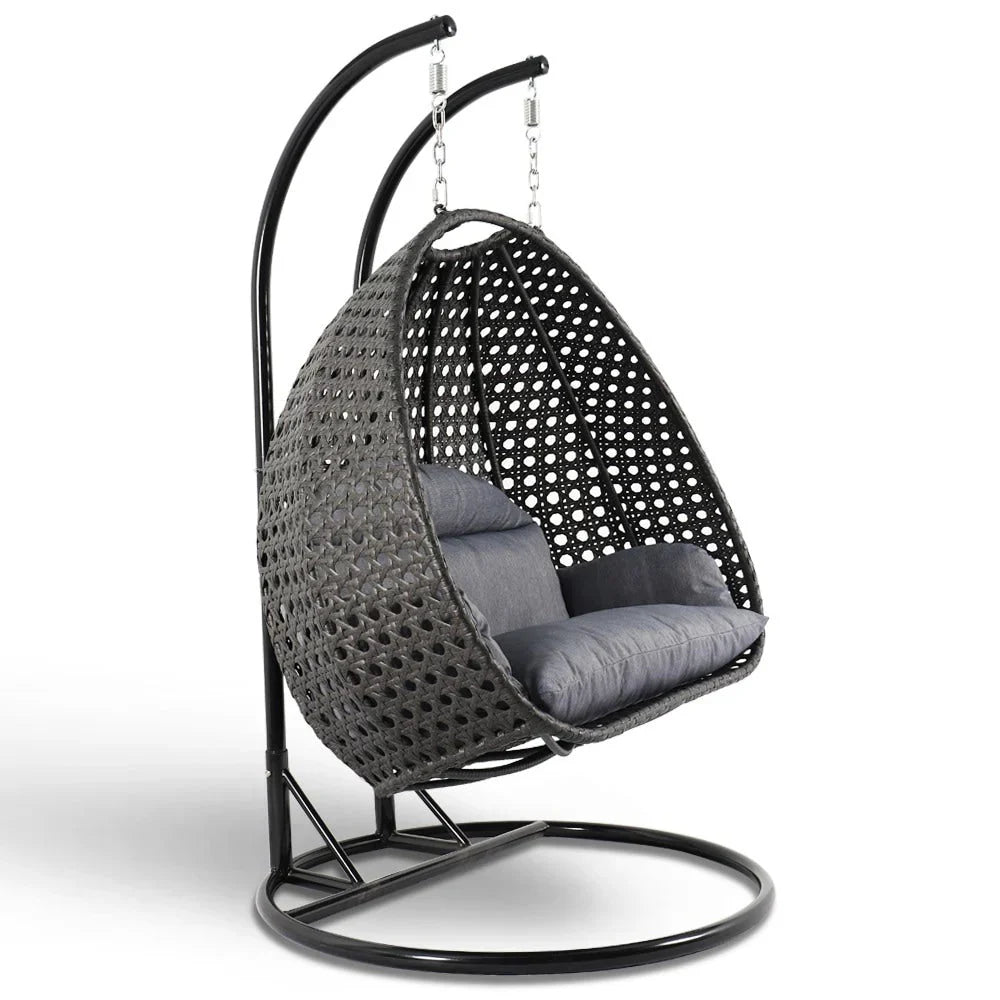 LeisureMod 2 Person Hanging Egg Chair with Stand - Outdoor/Indoor Rattan Wicker Patio Swing Hammock Lounger with Cushions