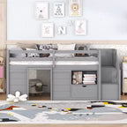 Letto soppalcato singolo Okak in legno massello con scale e spazio contenitore, letto a castello singolo basso con cassetti e ripiani, letto soppalcato multifunzionale per bambini e ragazzi