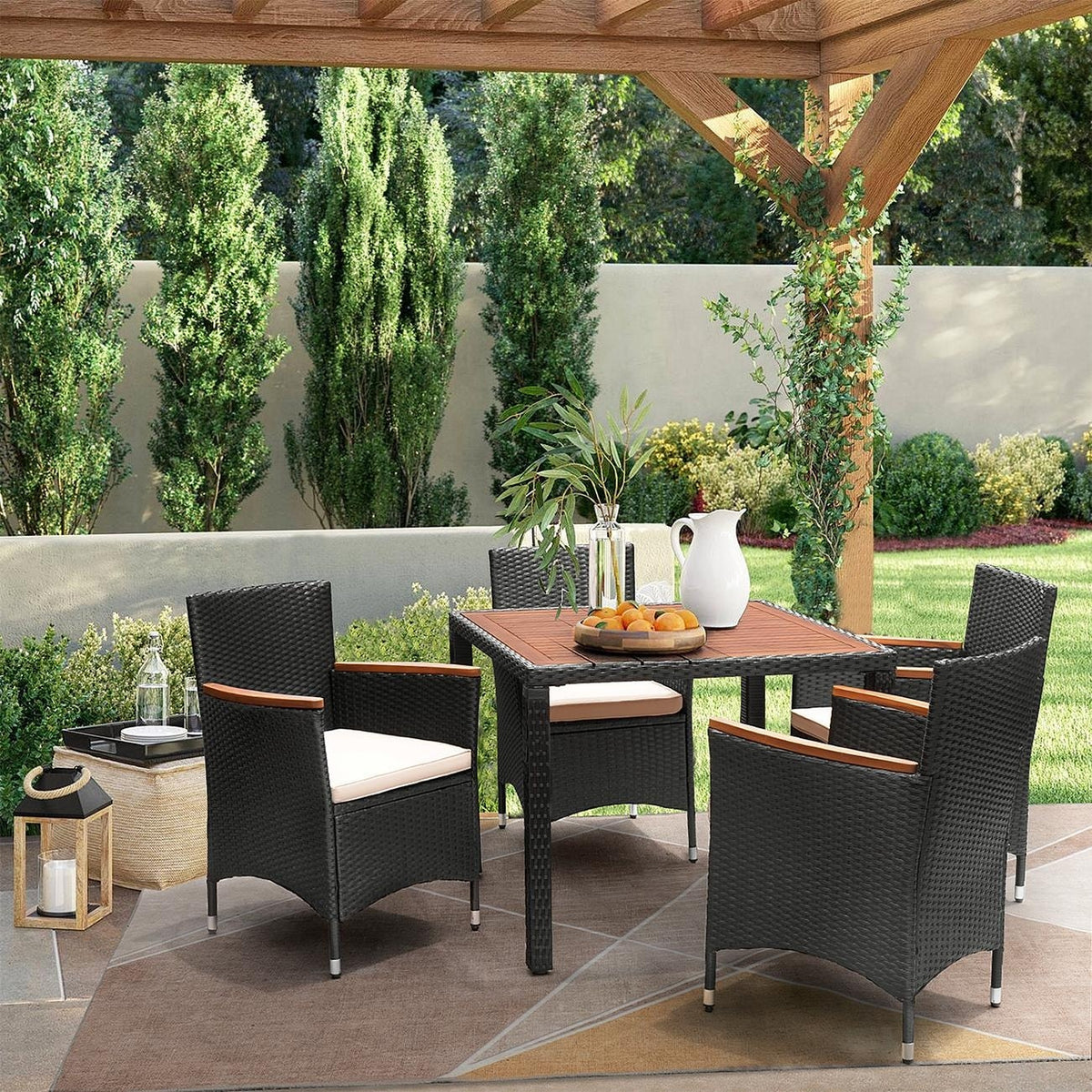 Set da pranzo da esterno Lacoo in vimini PE e legno di acacia