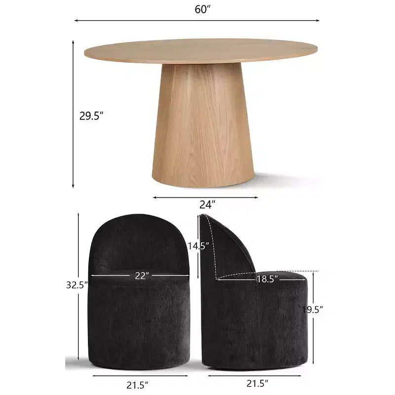 Ensemble de table à manger moderne pour 6 personnes, table ronde à piètement central, fauteuils tonneau pivotants à roulettes, chenille texturée - Panipeachy