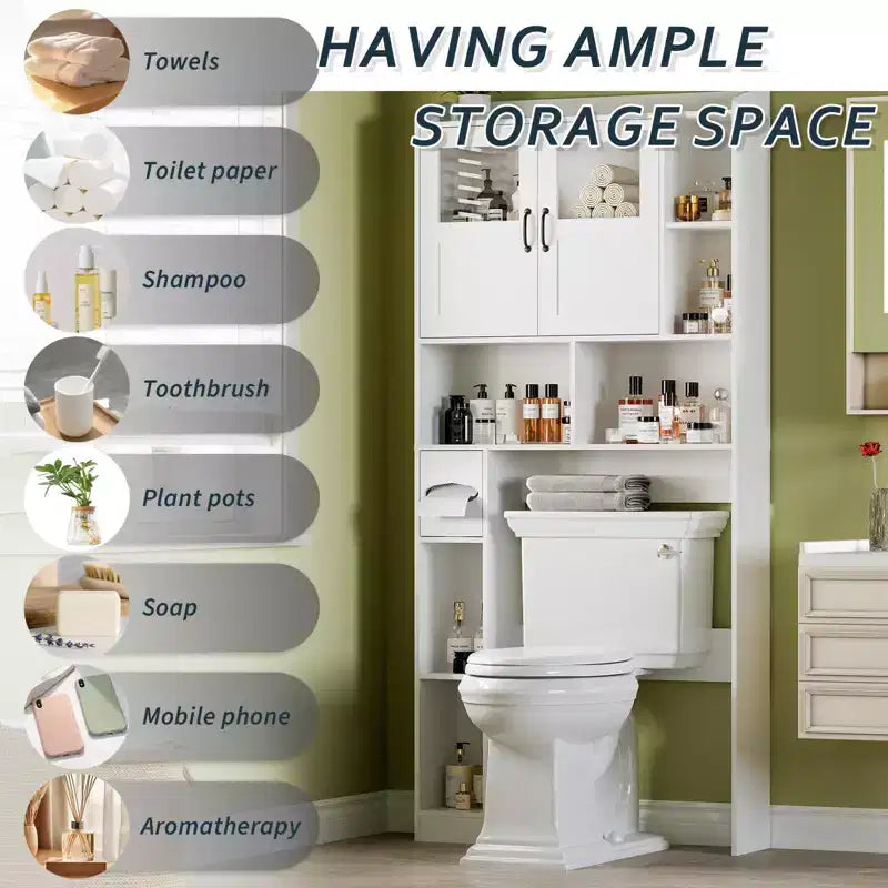 Mobile contenitore sopra il WC - 67,4 pollici di altezza, organizzatore e contenitore da bagno in stile rustico con ripiano regolabile e anta in vetro per bagno e lavanderia