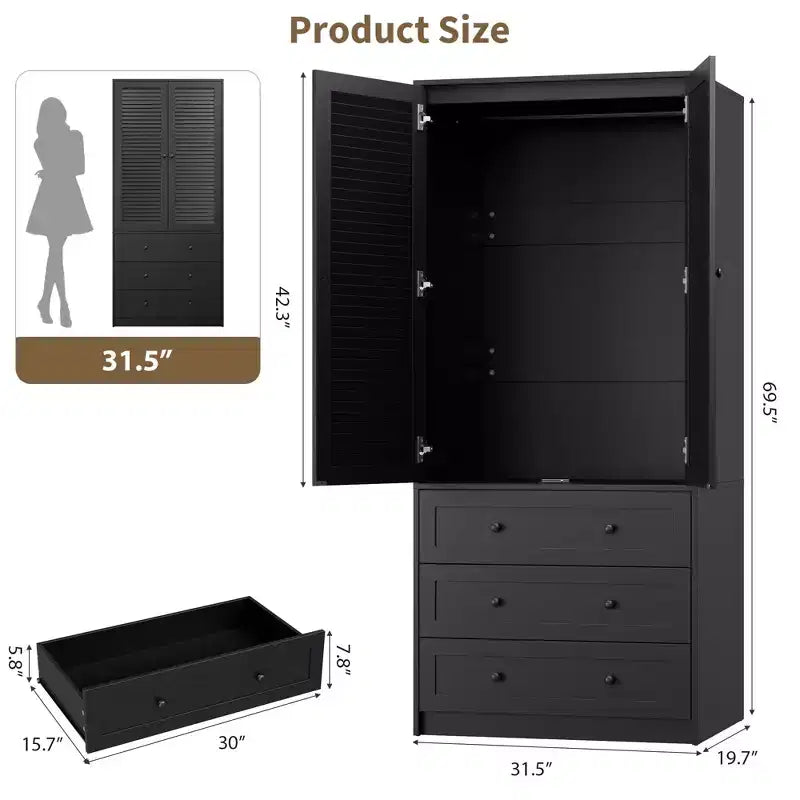 Armadio guardaroba COZONY con 3 cassetti e 2 ante, mobile guardaroba moderno in legno per camera da letto, armadio indipendente bianco resistente