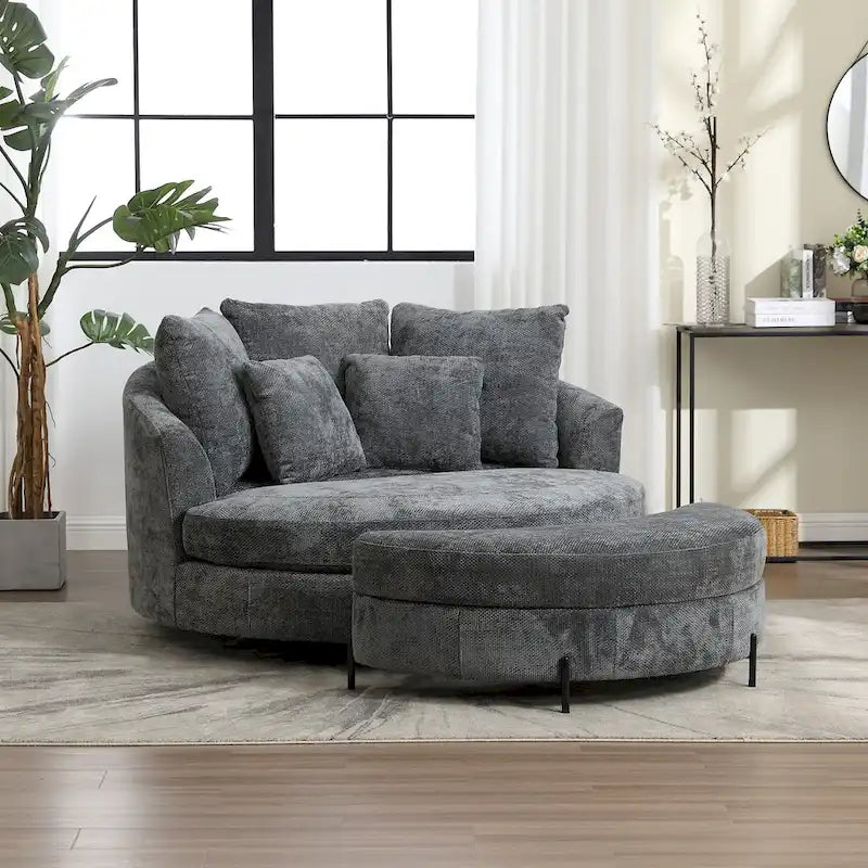 Fauteuil tonneau moderne rond avec 5 coussins et pouf en option