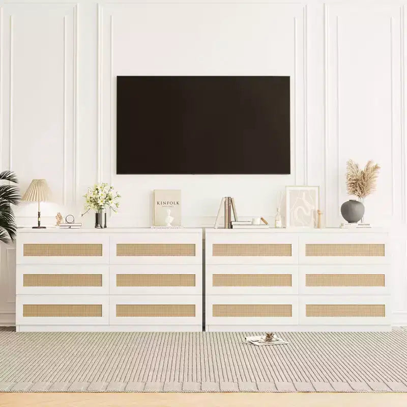 Cassettiera in rattan per camera da letto con 6 cassetti, cassettiera larga moderna in stile rustico da 47 pollici, mobile contenitore in legno per organizzare armadio, soggiorno e corridoio