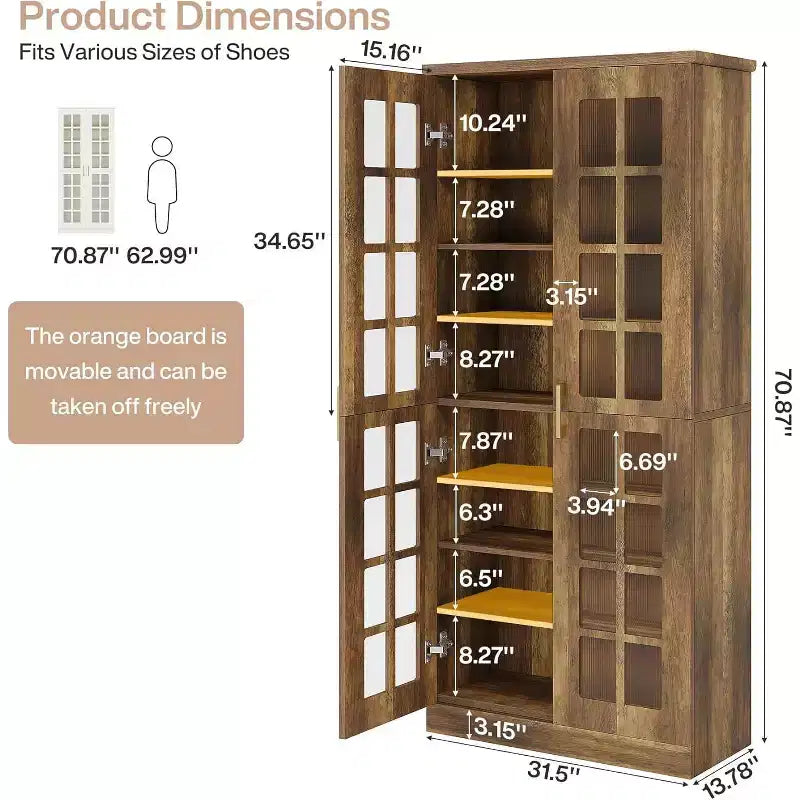 Meuble à chaussures haut Lantine avec portes, rangement à chaussures à 8 niveaux avec étagères réglables, meuble à chaussures moderne pour entrée, placard ou salon, blanc