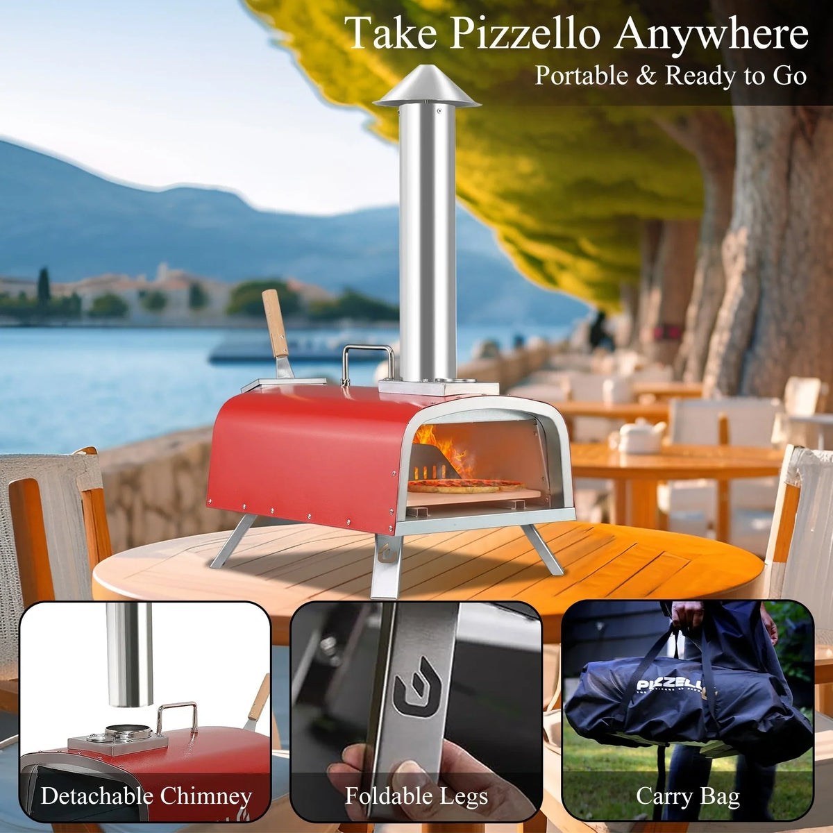 Four à pizza extérieur multicombustible, appareil à pizza cuite sur pierre avec brûleur à gaz et compartiment à bois – 12 pouces