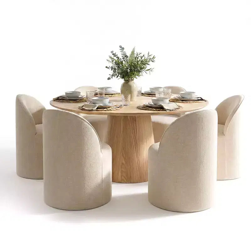 Ensemble de table à manger moderne pour 6 personnes, table ronde à piètement central, fauteuils tonneau pivotants à roulettes, chenille texturée - Panipeachy
