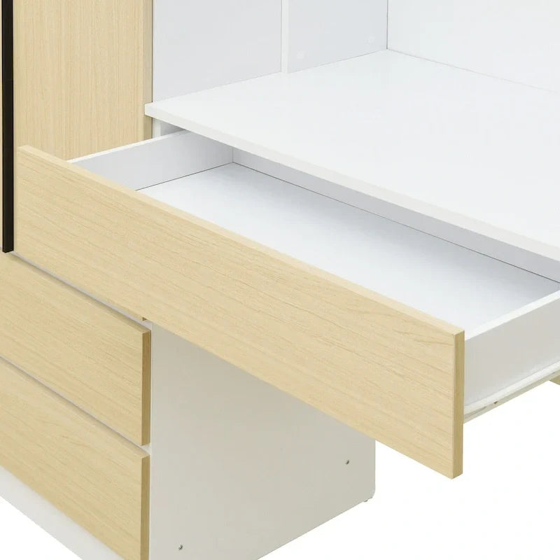 Armoire 3-en-1 avec coiffeuse, ensemble bureau, armoire de chambre avec 2 tiroirs, 3 portes et espace de rangement