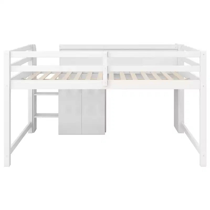 Lit mezzanine bas rose/blanc avec bureau, rangements et tableau blanc - 1 personne, 1 place