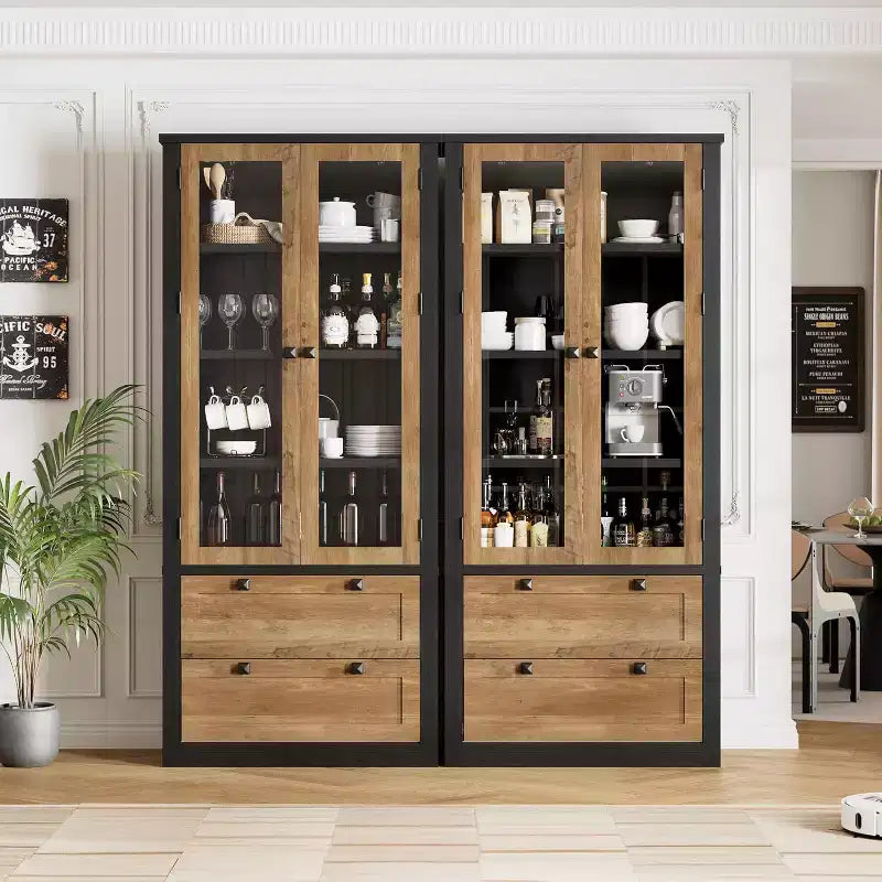 Dispensa da cucina in stile rustico con ante in vetro, mobile contenitore da 72 pollici con cassetti e ripiani regolabili per sala da pranzo, bagno e soggiorno