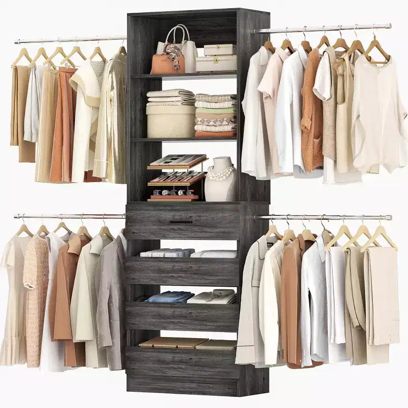 Système d’organisation de dressing en bois Besiost de 4 à 9 pieds avec 4 tiroirs, 4 tringles et des colonnes d’étagères